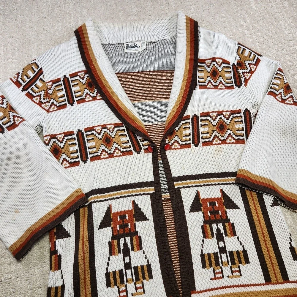 Vintage 70s‎ Aztec Cardigan Sweater Women Medium Shawl Collar Chunky Knit Navajo